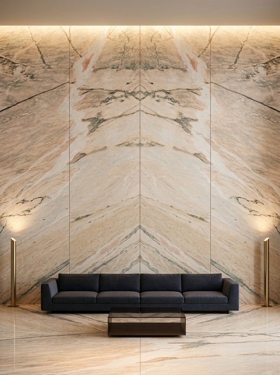 Michelangelo Marble feature wall in modern living room